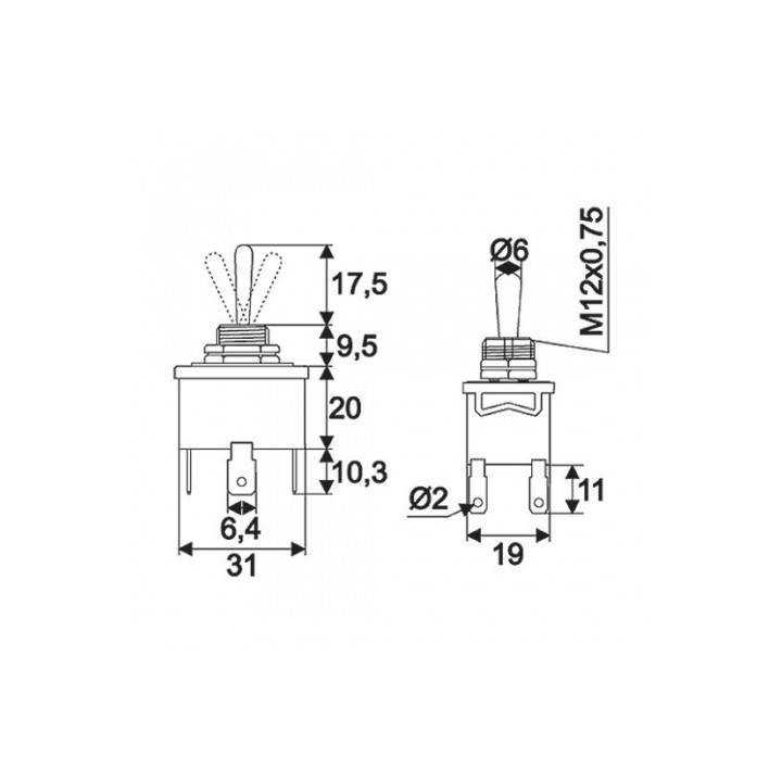 Comutator cu brat 2 circuit 10A 250V ON-OFF-ON