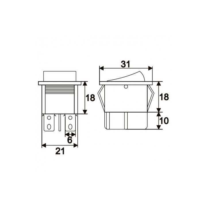 Interupator basculant 4 pini 1 circuit 16A 250V OFF-ON galben 21.7x28.5mm