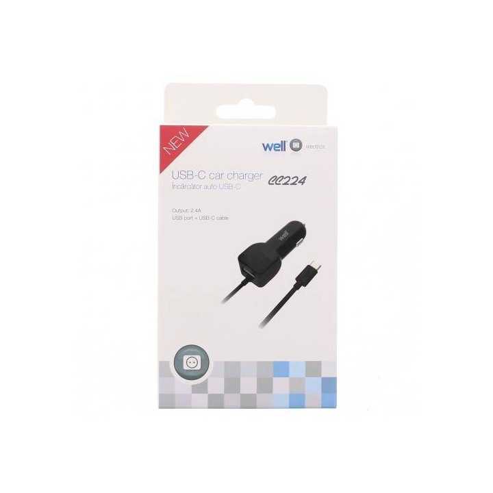 Alimentator USB bricheta auto cu cablu USB C 2 iesiri 2.4A negru Well