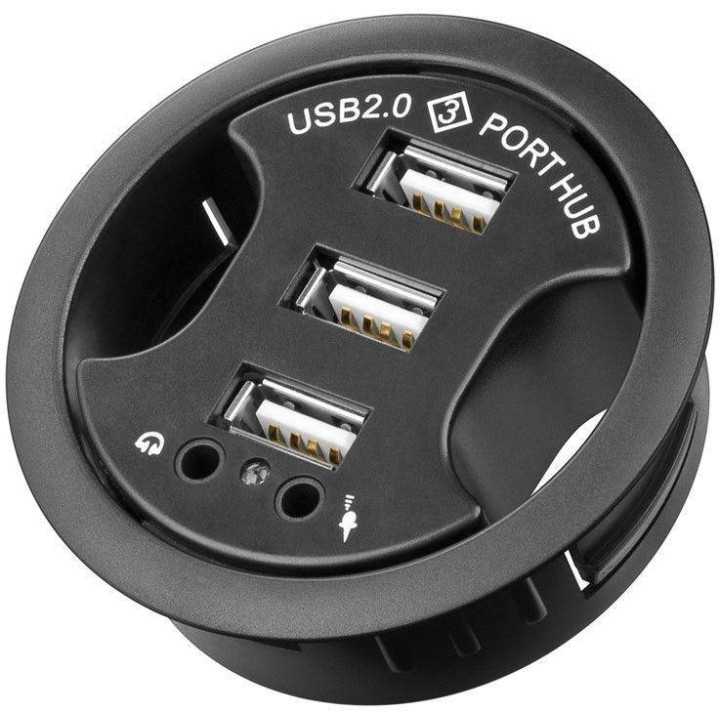 Hub USB 2.0 cu 3 porturi +audio montabil in birou negru Goobay