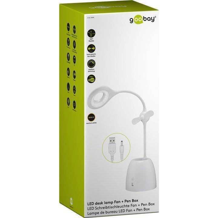 Lampa de birou cu ventilator Acumulator si Suport de pixuri alba Goobay