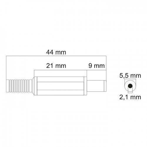 Mufa DC 2.1x5.5mm tata pe fir cu protector de cablu