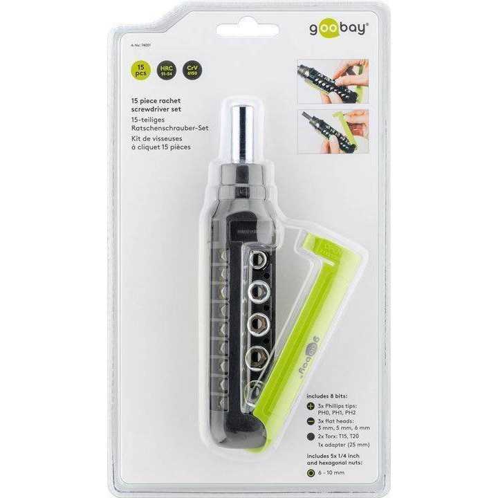 Set surubelnita cu clichet 8biti CrV si 5 tubulare 3x Phillips PH0 PH1 PH2 3x Capete plane 3mm 5mm 6mm 2x Torx T15 T20 1x adapto