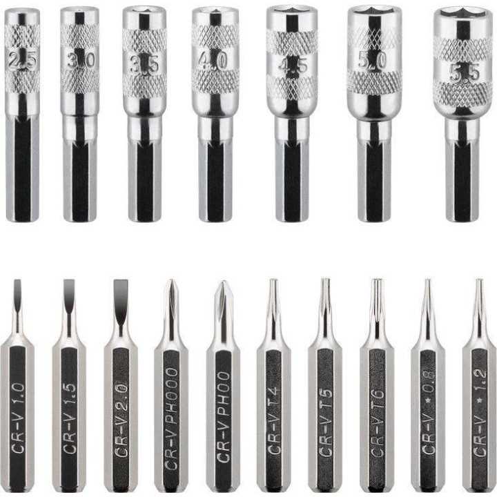 Set surubelnita 17biti CrV 3x capete plane 1mm 1,5mm 2mm 2x Phillips PH000 PH00 3x Torx T4 T5 T6 2x stele Star 0.8 1.2 7x hexago