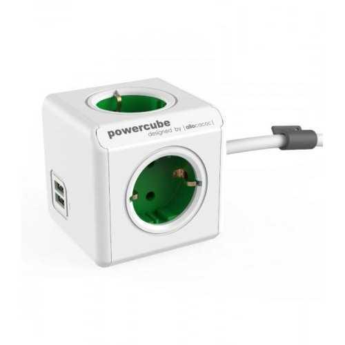 Prelungitor in forma de cub 4 prize 2x USB lungime cablu 1.5m alb/verde Allocacoc