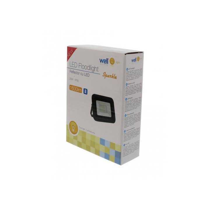 Proiector LED 20W 1600lm IP65 6500K alb rece carcasa aluminiu negru Well