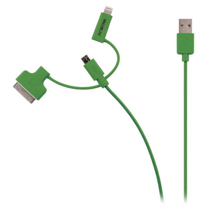 Cablu alimentare si sincronizare verde USB 2.0 - micro USB +adaptor lightning +Apple Dock 30pini 1m cupru Valueline