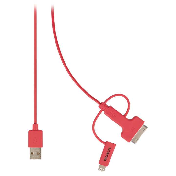 Cablu alimentare si sincronizare rosu USB 2.0 - micro USB +adaptor lightning +Apple Dock 30pini 1m cupru Valueline