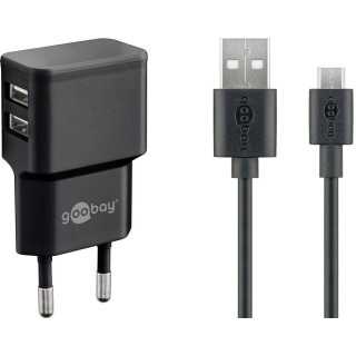 Incarcator de retea dual 2x USB cu cablu micro USB 2.4A negru Goobay