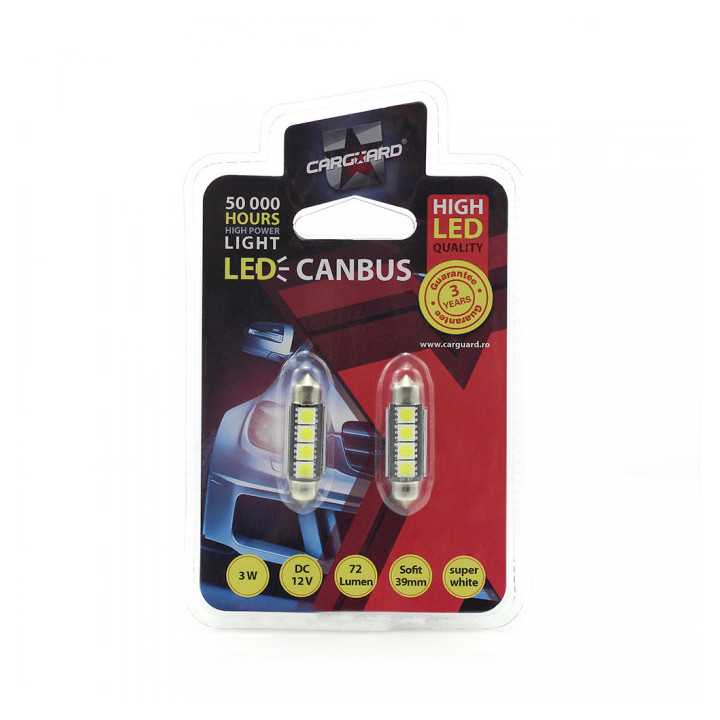 Set 2 becuri LED 12V 3W 72lm SOFIT 39mm CANBUS plafoniera CARGUARD