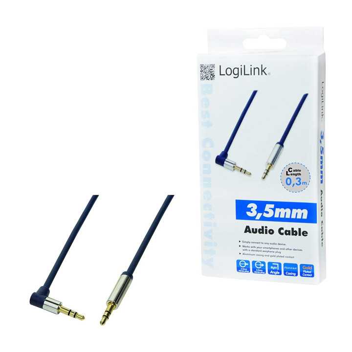 Cablu audio stereo 90 grade Jack 3.5 mm 0.3m tata-tata aurit albastru inchis carcasa aluminiu LOGILINK CA11030