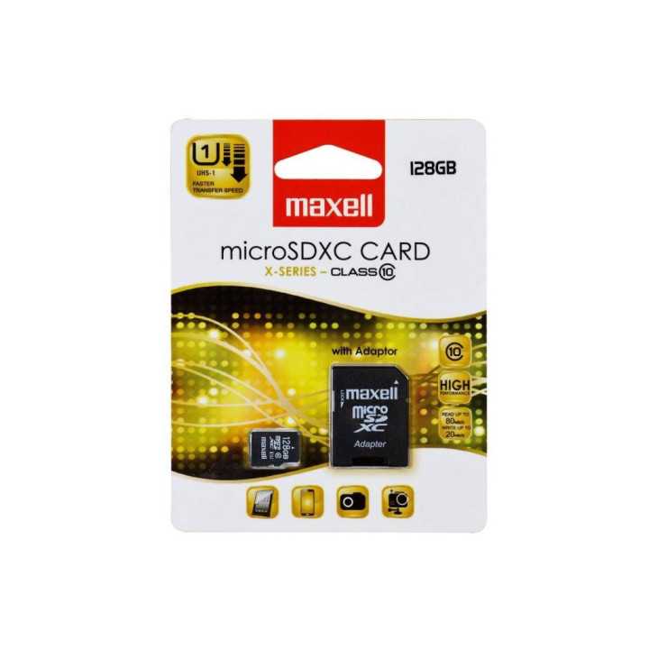 Card MicroSDXC Maxell UHS-1 Secure Digital 128GB cu adaptor SD clasa 10 citire 80MB/s scriere 20MB/s