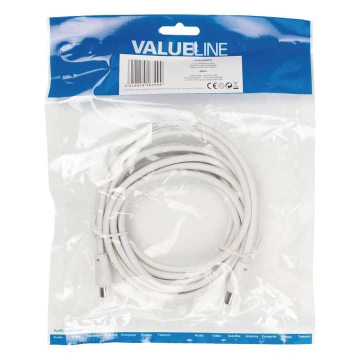 Cablu coaxial pentru antena tata - coaxial mama 3m alb Valueline