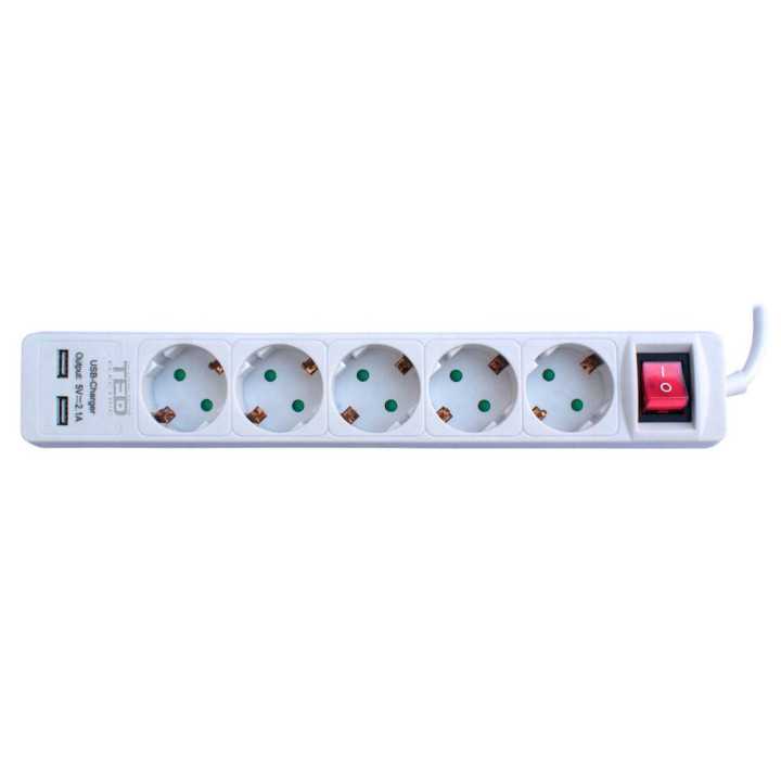 Prelungitor 5m 5 prize Schuko +2 iesiri USB 2.1A +intrerupator 3x1mm 10A 2300W TED