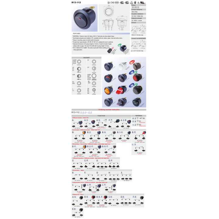Intrerupator ROCKER SP3T (ON)-OFF-(ON) 10A 250VAC Pozitii 3 fara retinere 50mOhm SCI R13-112I-BB-7D