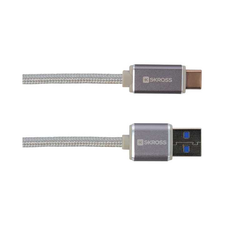 Cablu USB 2 in 1 cu conector USB Type C argintiu 1m protectie metalica Steel Line Skross