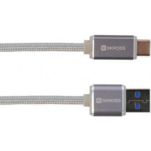Cablu USB 2 in 1 cu conector USB Type C argintiu 1m protectie metalica Steel Line Skross