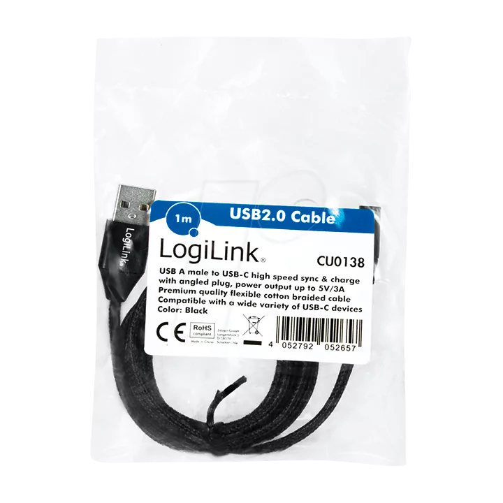 Cablu USB 2.0 A mufa - USB Type C mufa in unghi 1m negru LOGILINK CU0138