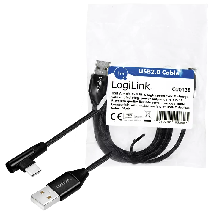 Cablu USB 2.0 A mufa - USB Type C mufa in unghi 1m negru LOGILINK CU0138
