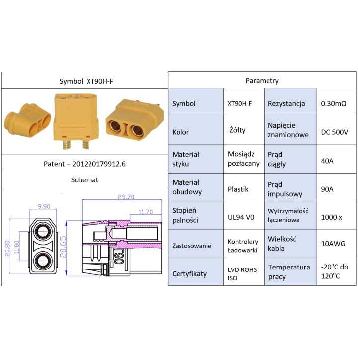 Mufa alimentare DC XT90 mama PIN 2 pe cablu lipite 40A 500V AMASS