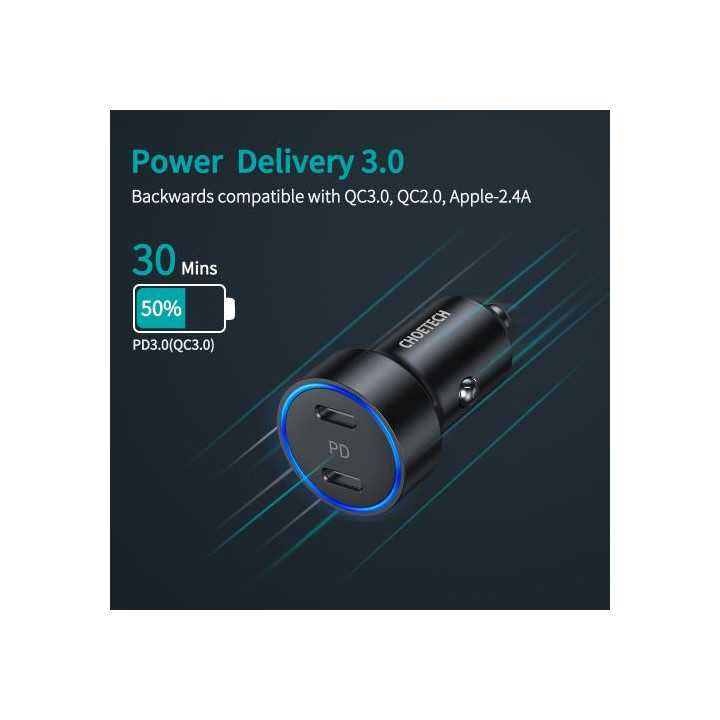 Incarcator auto 2x USB Type C PD 3.0 36W Choetech C0054