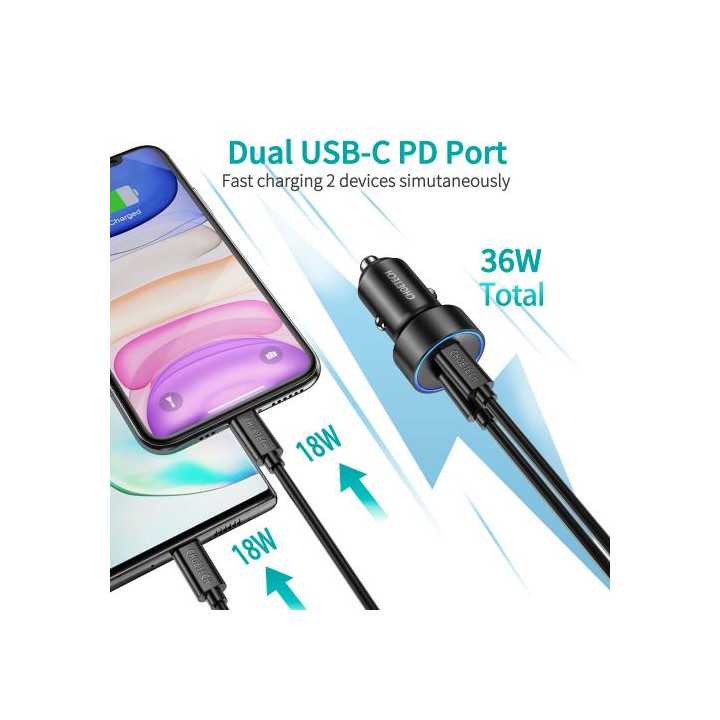 Incarcator auto 2x USB Type C PD 3.0 36W Choetech C0054
