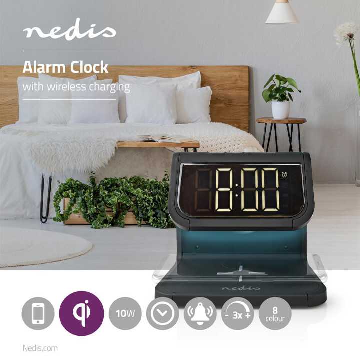 Ceas cu alarma Nedis incarcator wireless certificat Qi iluminare multicolora negru