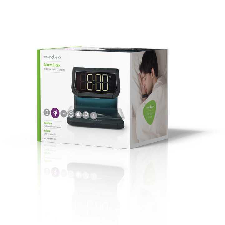 Ceas cu alarma Nedis incarcator wireless certificat Qi iluminare multicolora negru