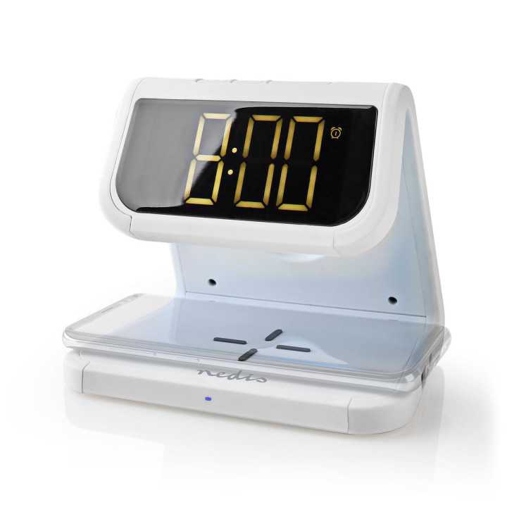 Ceas cu alarma Nedis incarcator wireless certificat Qi iluminare multicolora alb