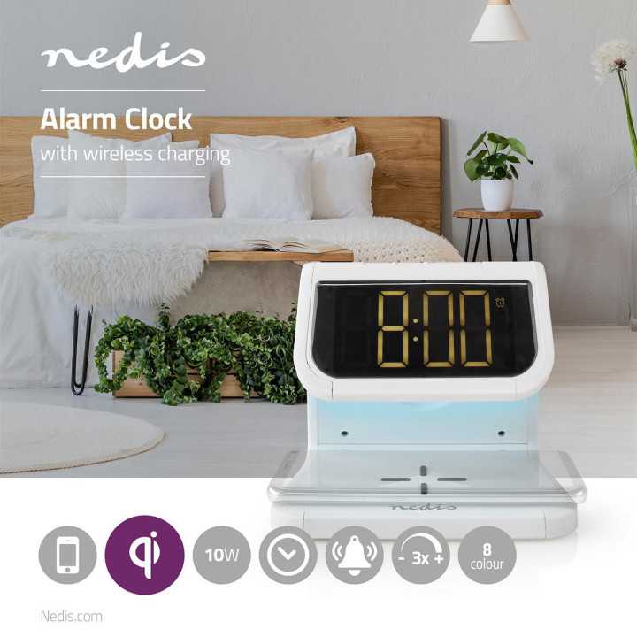 Ceas cu alarma Nedis incarcator wireless certificat Qi iluminare multicolora alb