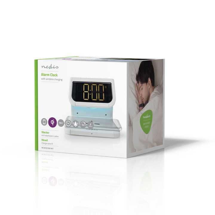 Ceas cu alarma Nedis incarcator wireless certificat Qi iluminare multicolora alb