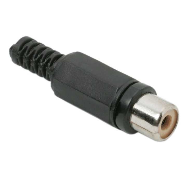 Soclu RCA mama executie plastic negru cu protectie pentru cablu