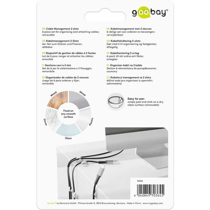 Cleme pentru gestionarea cablurilor cu 2 sloturi Goobay set 6buc alb