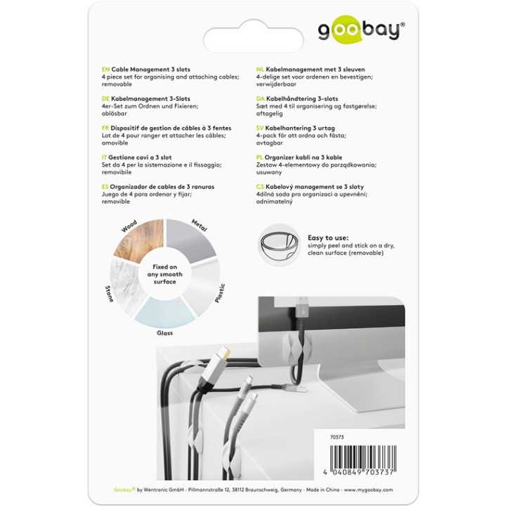 Cleme pentru gestionarea cablurilor cu 3 sloturi Goobay set 4buc alb