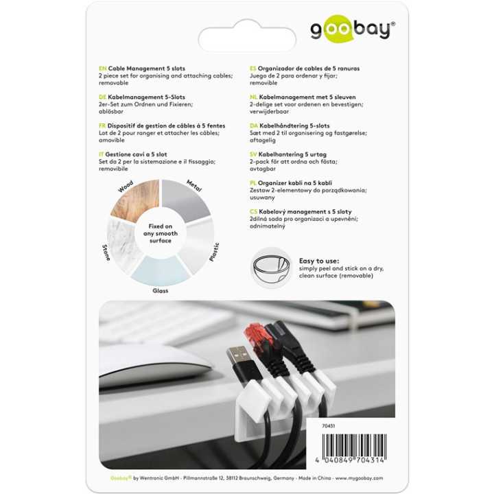 Cleme pentru gestionarea cablurilor cu 5 sloturi Goobay set 2buc alb