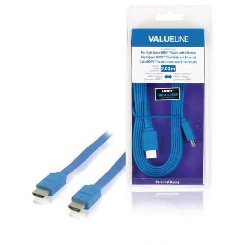 Cablu HDMI tata - HDMI tata High Speed cu Ethernet plat 2m albastru VALUELINE