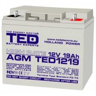 Acumulator TED 12V 19Ah High Rate AGM plumb acid 181mm x 76mm x h167mm TED1219HRF3