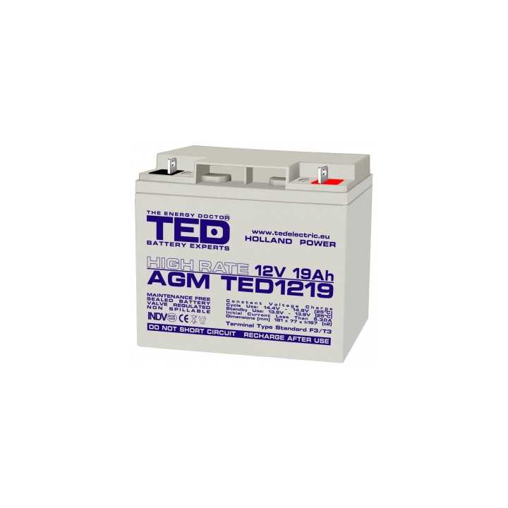 Acumulator TED 12V 19Ah High Rate AGM plumb acid 181mm x 76mm x h167mm TED1219HRF3