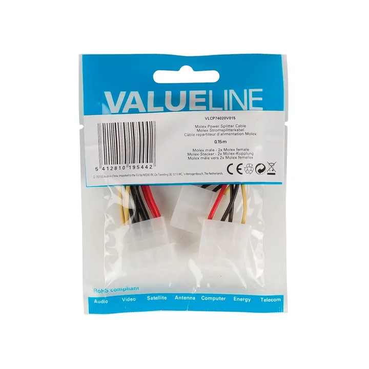 Cablu adaptor Intern PC sursa Molex tata - 2x Molex mama 0.15m Valueline