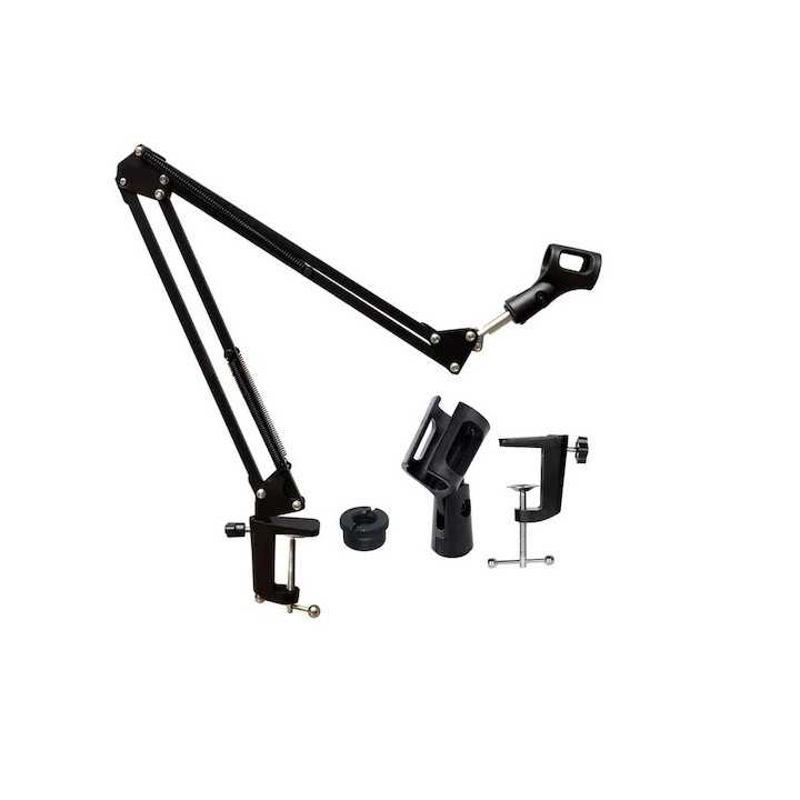 Stand pentru microfon montabil pe masa cu dublu brat