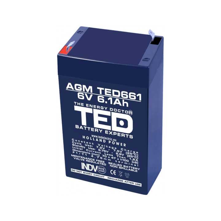 Acumulator AGM VRLA 6V 6.1A 70mm x 48mm x h 101mm F1 TED Battery Expert Holland