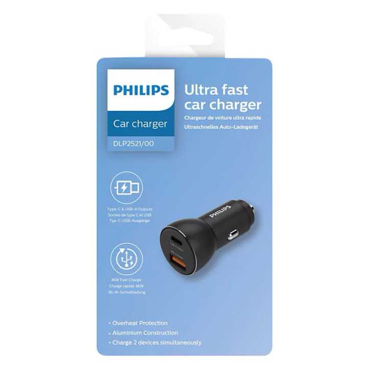 Incarcator auto USB-A SI USB TYPE C 36W 12–24VDC PHILIPS DLP2521