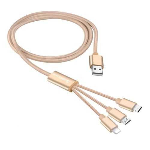 Cablu USB 2.0 - Lightning Micro USB si USB TYPE C 2.1A panzat auriu 1.2m Biostar