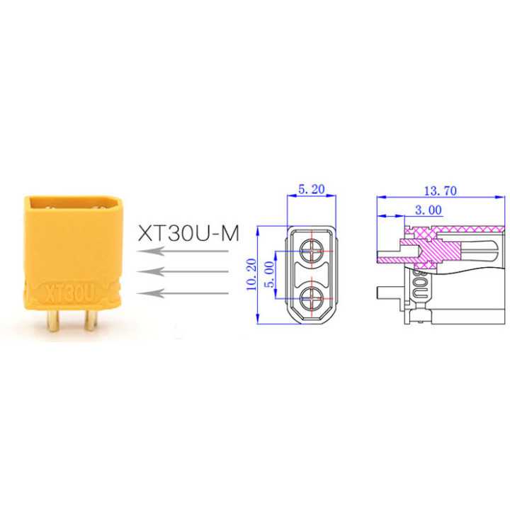 Mufa alimentare DC XT30 tata 2 pini pe cablu lipite 15A 500V AMASS XT30U-M