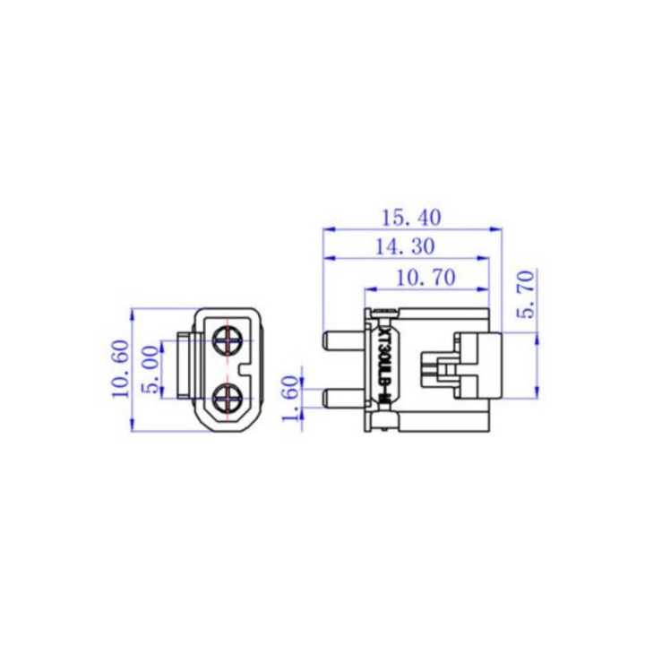 Soclu alimentare DC XT30 tata 2 pini pentru PCB THT 15A 500V AMASS XT30ULW-M