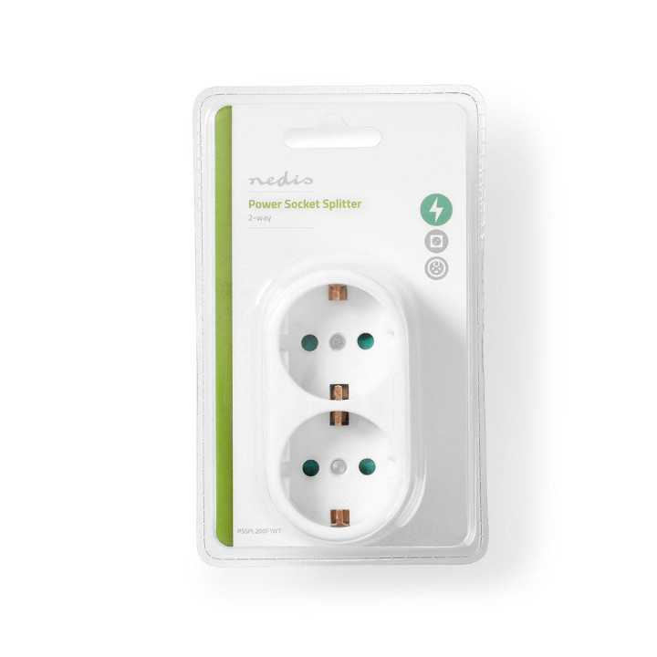 Stecher dublu 2x Schuko 16A 3500W protectie contacte alb Nedis