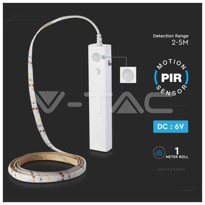 Banda LED 2835 2.4W 1m 2700K cu senzor de miscare si alimentare baterii 4x AAA V-TAC
