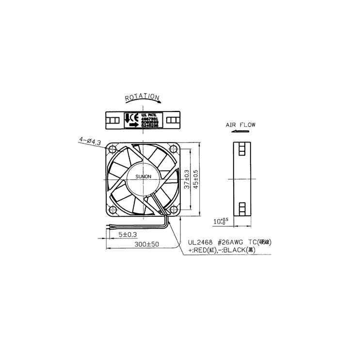 Ventilator DC axial 12VDC 45x45x10mm 15.6m3/h 27dBA 26AWG SUNON EB45101S2-000U-999