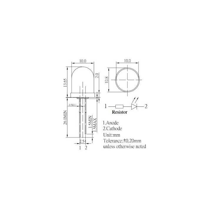 LED 10mm alb rece 10-15V 3000-4200mcd 30 Parte frontala convex OPTOSUPPLY OSW5DKA131A-12V