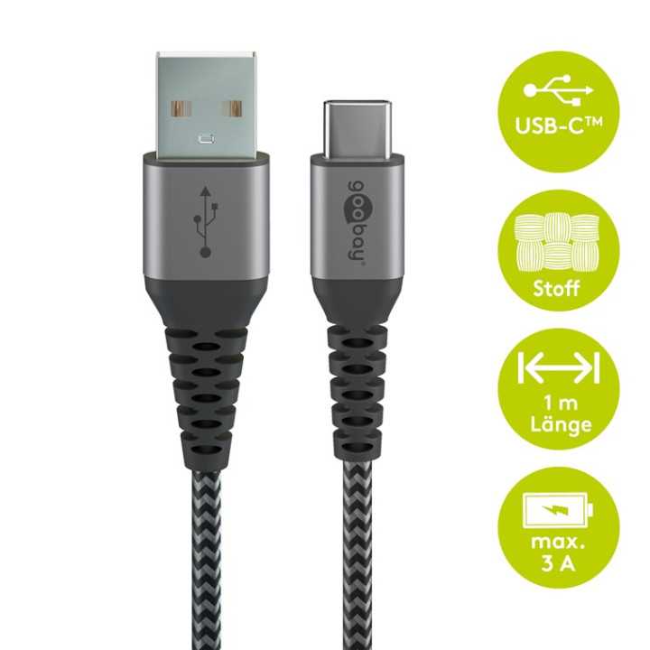 Cablu de date si incarcare USB type C 1m 3A gri/argintiu textil flexibil Goobay 49296